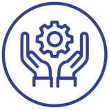 Blaues Umriss-Icon mit Händen, die ein Zahnrad stützen, das technischen Service, Systemmanagement oder operativen Support symbolisiert.