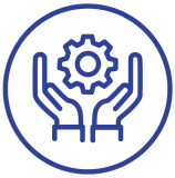 Blue outline icon of hands supporting a gear, indicating technical service, system management, or operational support.