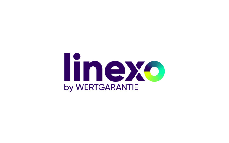 Linexo-Markenlogo von WERTGARANTIE, mit lila Text und einem grün-gelben Farbverlauf im 'o'.