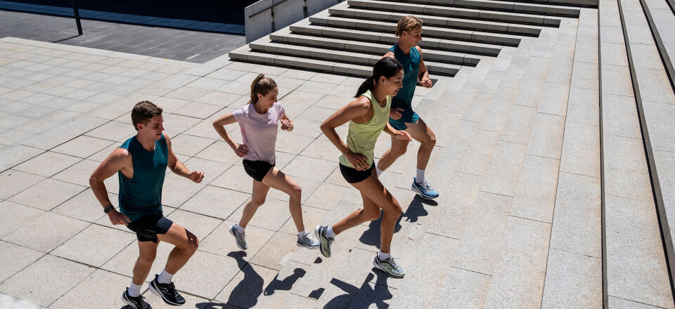 Vier Athleten laufen eine breite Steintreppe im Freien hinauf und absolvieren Fitnesstraining.