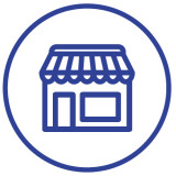 Ladenfront-Symbol mit Markise, Tür und Fenster, das ein Einzelhandelsgeschäft oder lokales Unternehmen symbolisiert.
